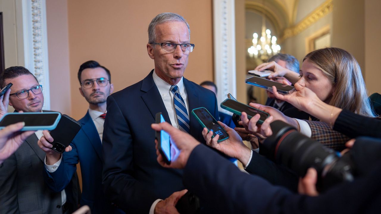 Senate Majority Leader John Thune, R-S.D., speaks to reporters at the Capitol in Washington, Friday, Nov. 7, 2025. (AP Photo/J. Scott Applewhite)