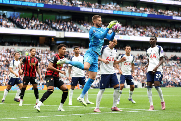 LONDON, ENGLAND - AUGUST 30: Goalkeeper Guglielmo Vicario of Tottenham Hotspur claims the ball during the Premier League match between Tottenham Hotspur and Bournemouth at Tottenham Hotspur Stadium on August 30, 2025 in London, England. (Photo by Julian Finney/Getty Images)