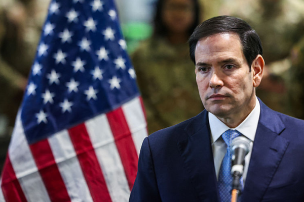 Secretary of State Marco Rubio listens to a question