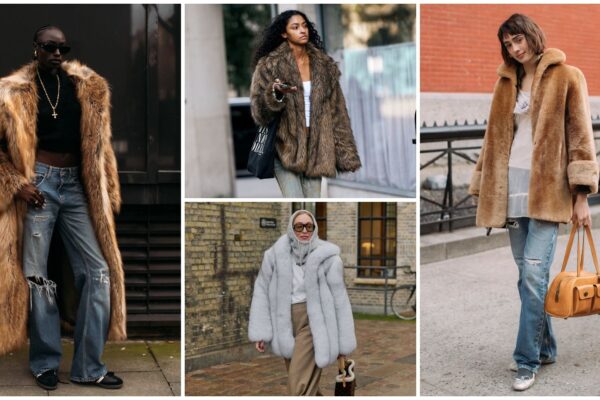 collage of fashion week attendees wearing fur coats and jackets with white border