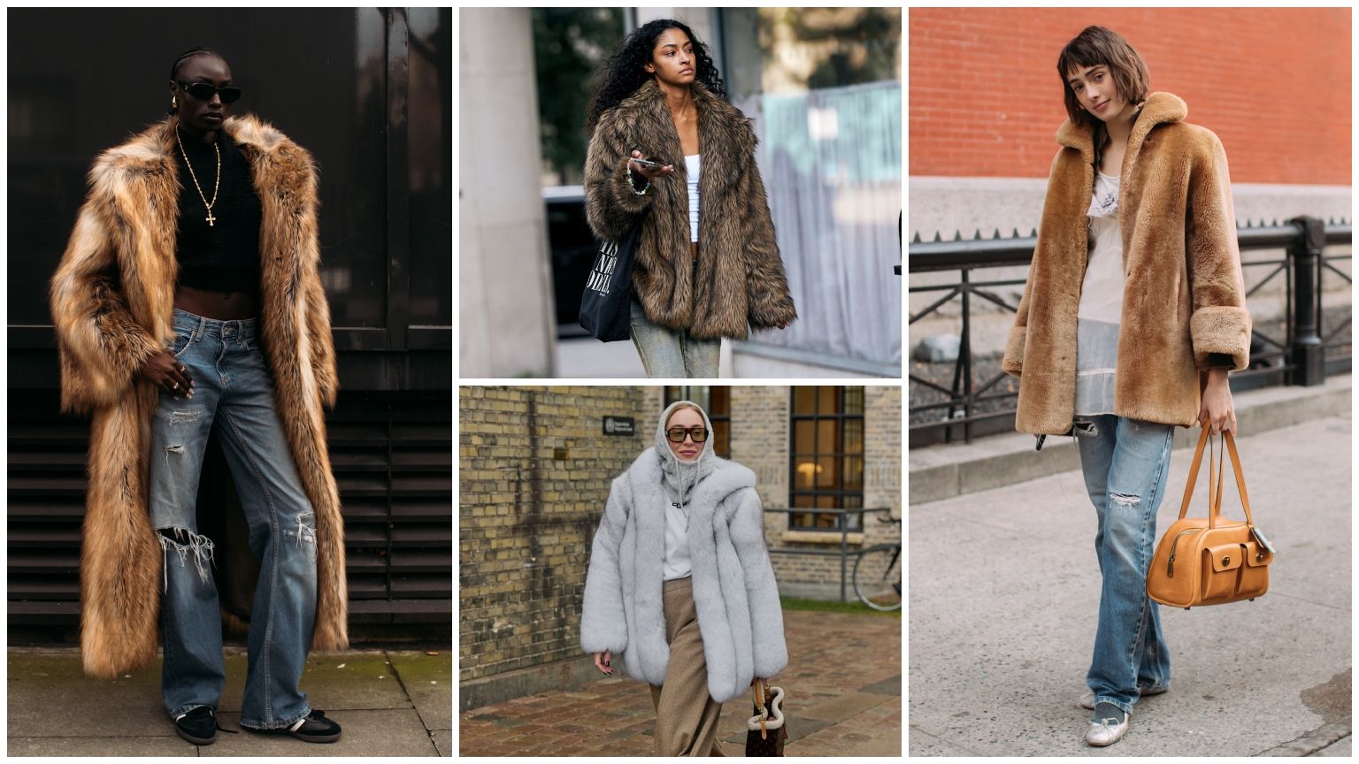 collage of fashion week attendees wearing fur coats and jackets with white border