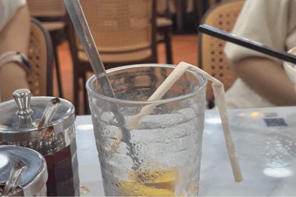 A paper straw at Ming Beef Brisket Noodle Shop in Hong Kong.