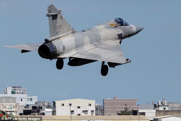 A Taiwanese air force Mirage 2000 fighter jet takes off at Hsinchu Air Base in Hsinchu on December 29, 2025