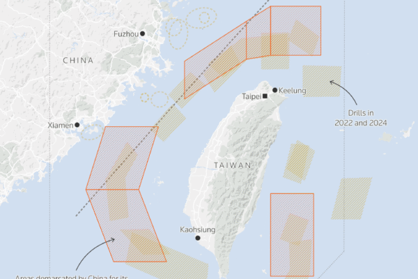 Map showing five zones around Taiwan marked by China for December 30 military drills, and past drill areas.