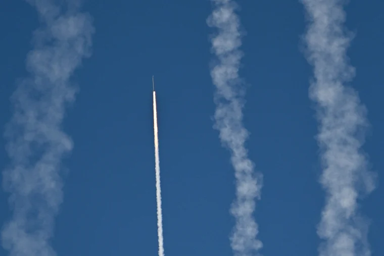 A rocket is fired amid Chinese military drills on the island of Pingtan in Fujian province, the closest point to Taiwan, on Tuesday.