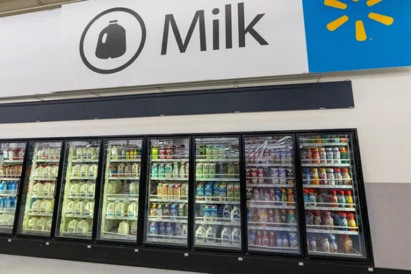 refrigerated dairy section at a Walmart