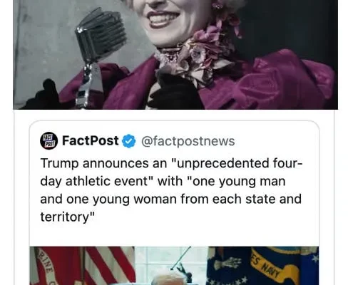 A meme showing a person dressed like Effie Trinket with feathered collar next to a news screenshot about a Trump announcement of a four-day event