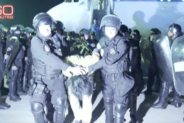 A still from the trailer for a '60 Minutes' segment about CECOT, which was pulled at the last minute by Bari Weiss.