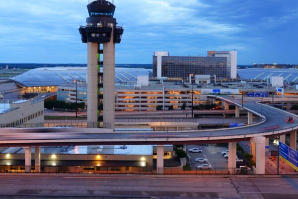 DALLAS, TX -17 MAY 2021- View of the control tower at the Dallas Fort Worth International Airport (DFW), the largest hub for American Airlines (AA).