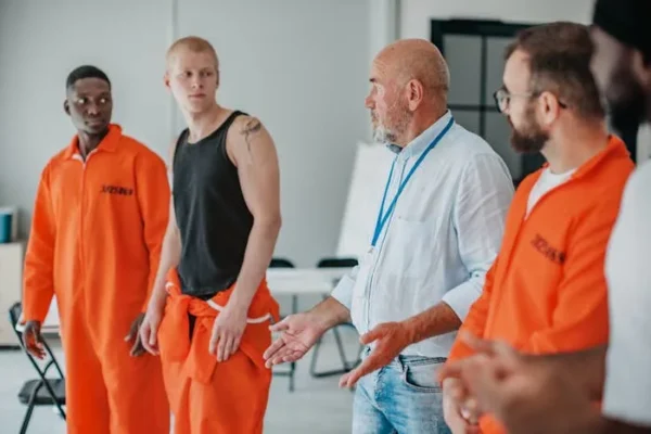 A group of men, some in orange uniforms, engage in discussion with a bearded man in a white shirt inside a room