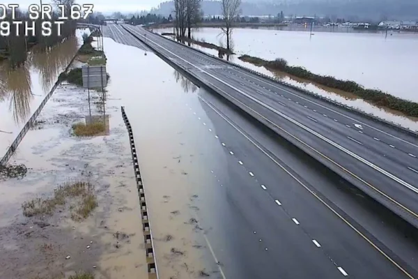 An image released by the state Department of Transportation shows water over state Route 167 in south King County Sunday morning.