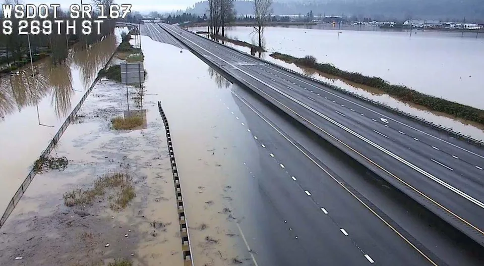 An image released by the state Department of Transportation shows water over state Route 167 in south King County Sunday morning.