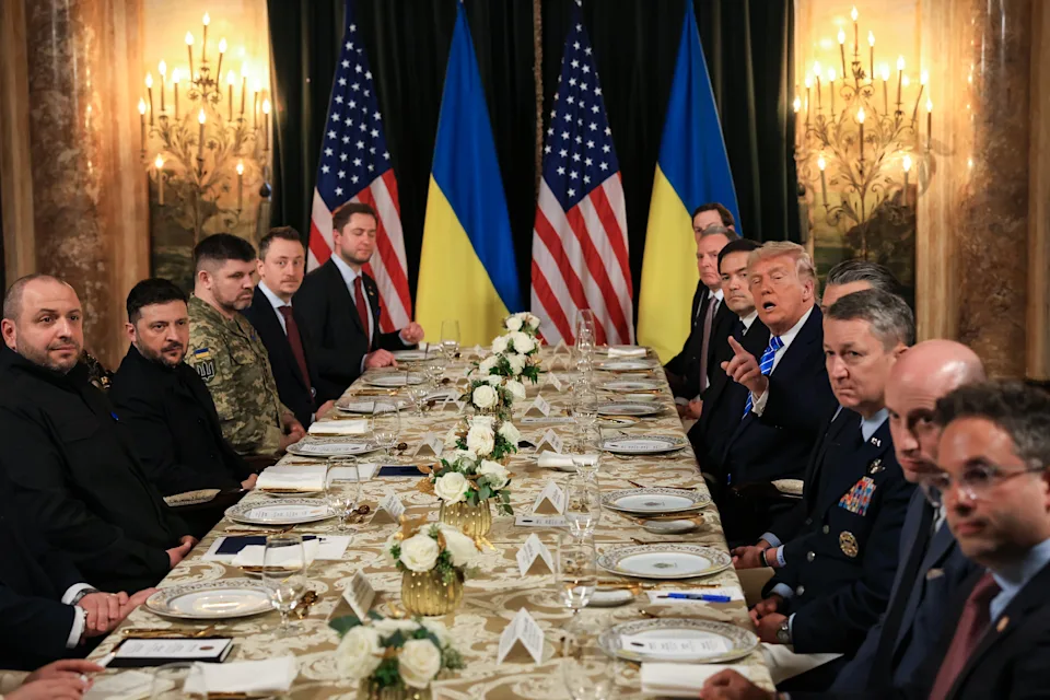President Donald Trump speaks during the meeting with Ukrainian President Volodymyr Zelensky at his Mar-a-Lago club on Sunday. Stephen Miller, General Dan Caine, Pete Hegseth, Marco Rubio, Steve Witkoff, and Jared Kushner also attended the talks. / Joe Raedle/Getty Images