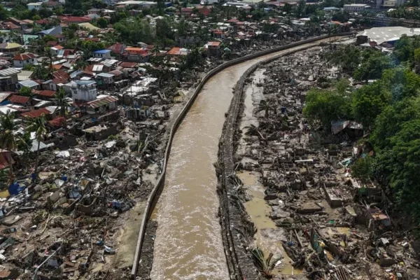 This aerial photo shows damaged houses in the aftermath of Typhoon Kalmaegi in Talisay, in Cebu province on November 5, 2025. - Jam Sta Rosa/AFP/Getty Images