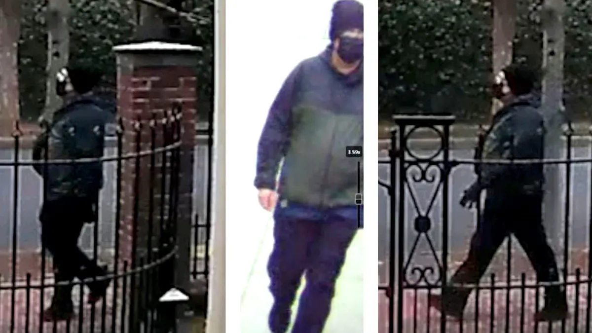 combo image shows person of interest in all black walking streets