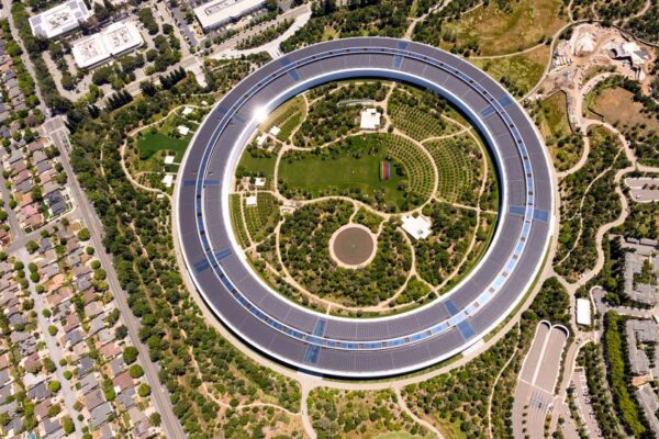 Apple Park, Apple's circular HQ office building, is seen in an aerial view over Cupertino, California on May 16, 2024.