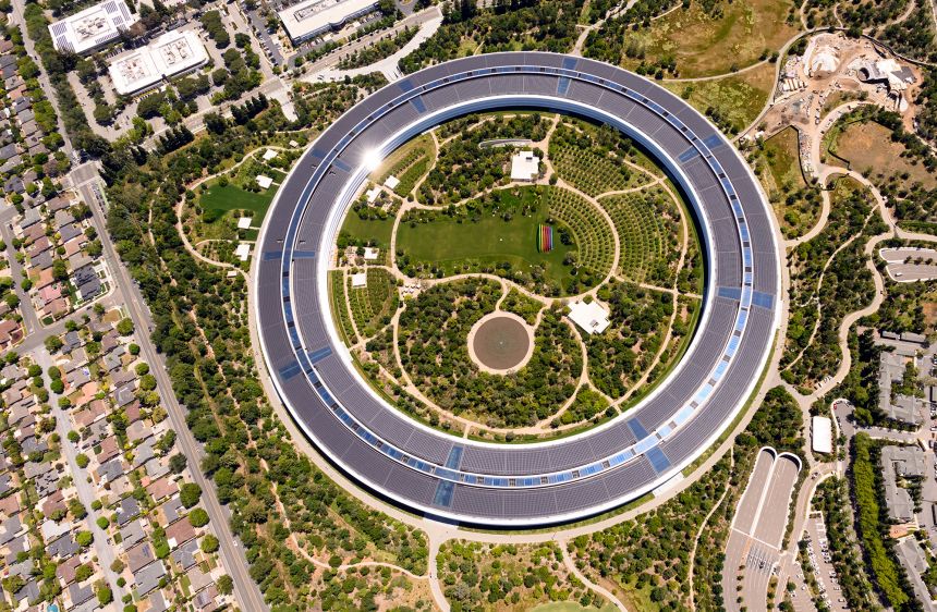 Apple Park, Apple's circular HQ office building, is seen in an aerial view over Cupertino, California on May 16, 2024.
