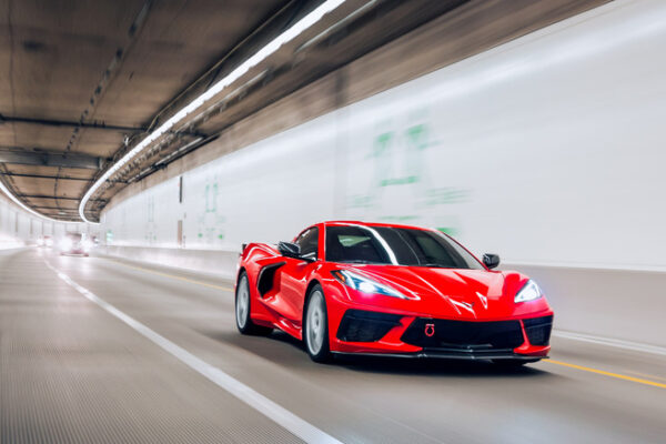 Chevrolet Corvette C8 driving in underground tunnel, front-view
