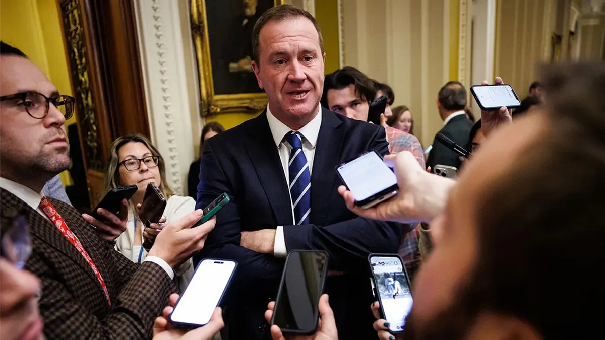 Sen. Eric Schmitt, R-Mo., outside of the Senate chamber