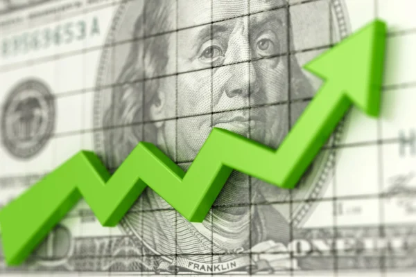 Green arrow moving upward over Benjamin Franklin's face on the $100 bill.