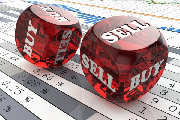 Red dice labeled with "buy" and "sell" roll across a stock price chart.