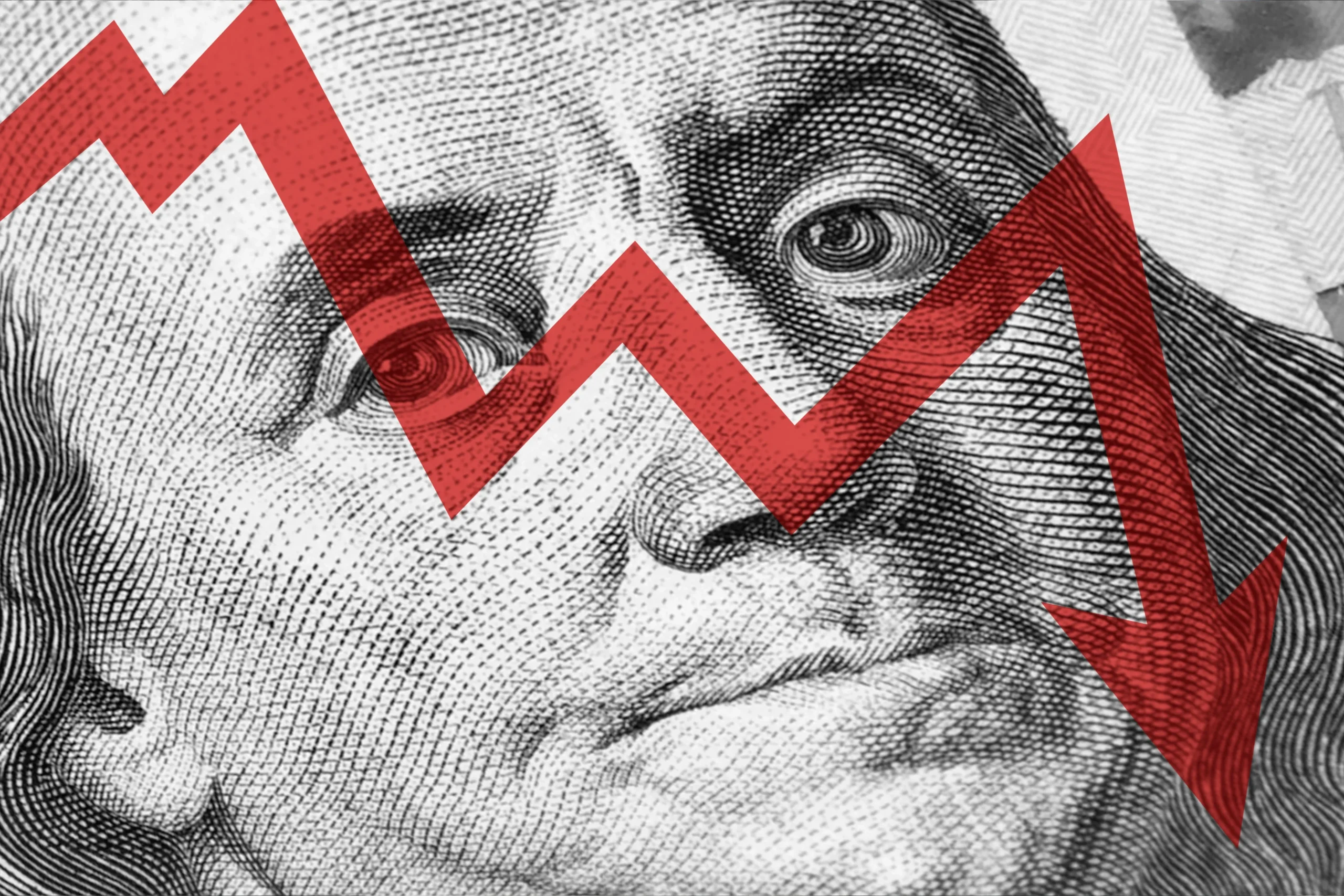 A downward-trending red arrow overlaid on the stylized face of Benjamin Franklin.