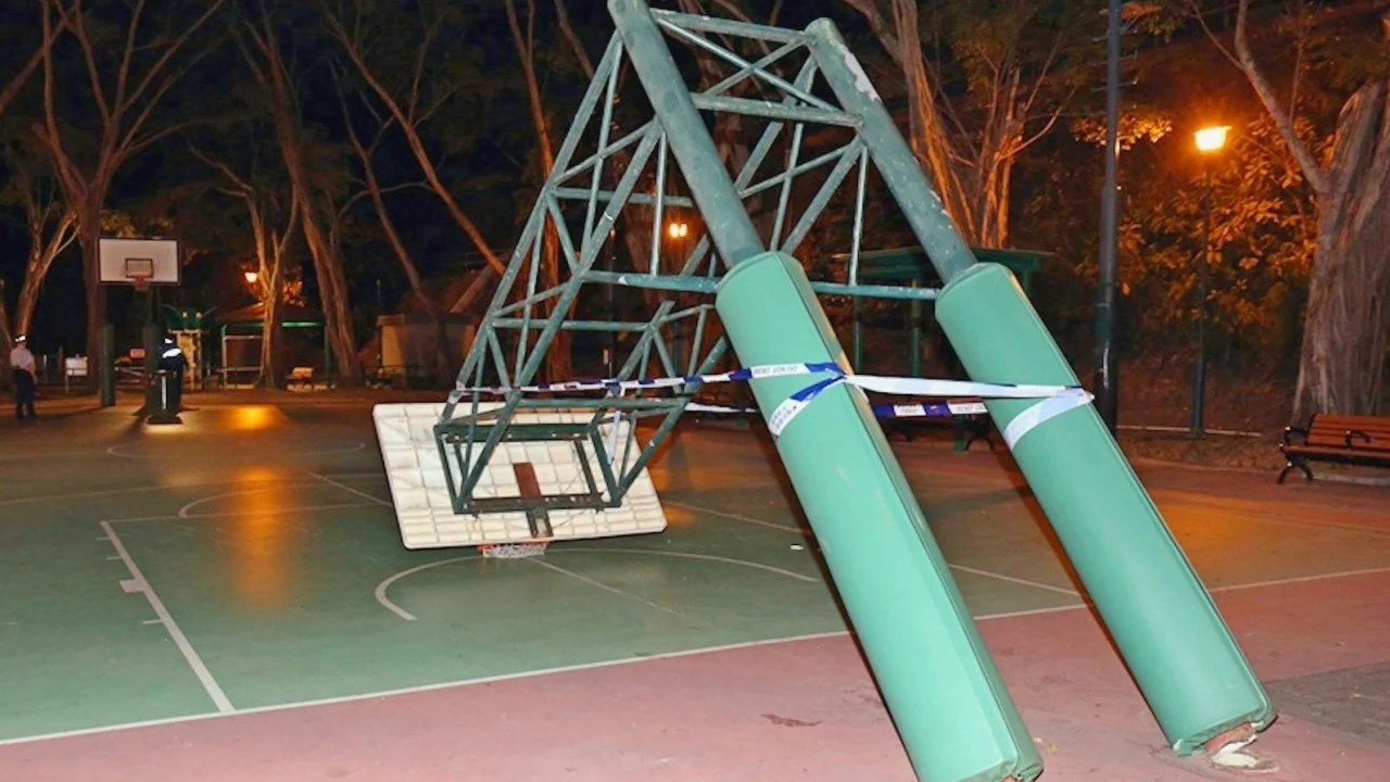Basketball post collapses at Hong Kong playground, injuring 20-year-old man