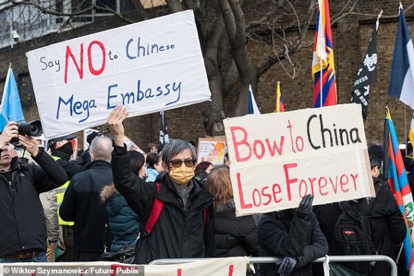 The government is expected to sign off the plans for the London site this morning, despite furious opposition from many MPs. Pictured protesters including Tibetans, Uyghurs and Hongkongers last week