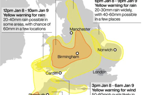 A PA graphic showing Storm Goretti weather warnings for January 8 and 9