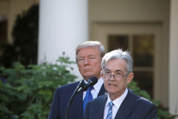 President Donald Trump looks on as Jerome Powell, his nominee to become chairman of the Federal Reserve, speaks at the White House in Washington on November 2, 2017.