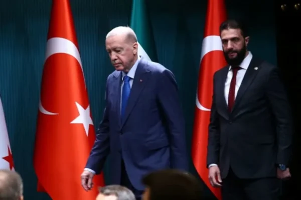 Syrian President Ahmed al-Sharaa and Turkish President Recep Tayyip Erdogan arrive for a joint press conference at the Presidential Palace in Ankara, Turkey, February 4, 2025. (credit: REUTERS/CAGLA GURDOGAN)
