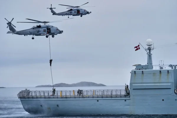 Danish military forces participate in an exercise with hundreds of troops from several European Nato members in the Arctic Ocean in Nuuk, Greenland