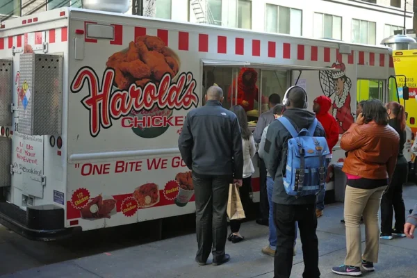 Interim Archives/Getty View of the pedestrians lined up at a Harold's Chicken food truck parked on South Clark Street (between Monroe and Adams streets), Chicago, Illinois, October 2016.