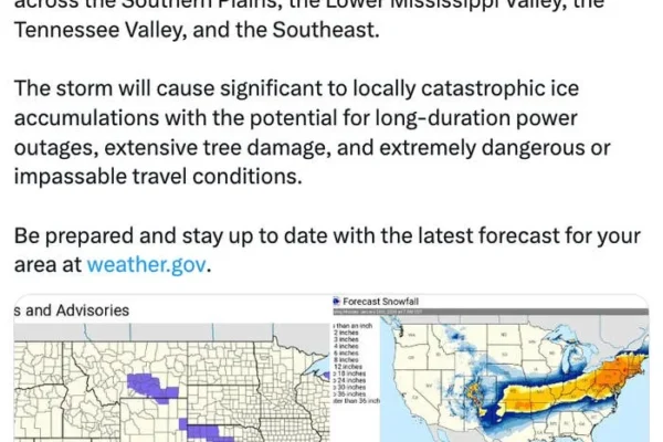 National Weather Service issues winter storm alerts for the South to the Northeast, warning of heavy snow and ice accumulations, with travel impacts expected