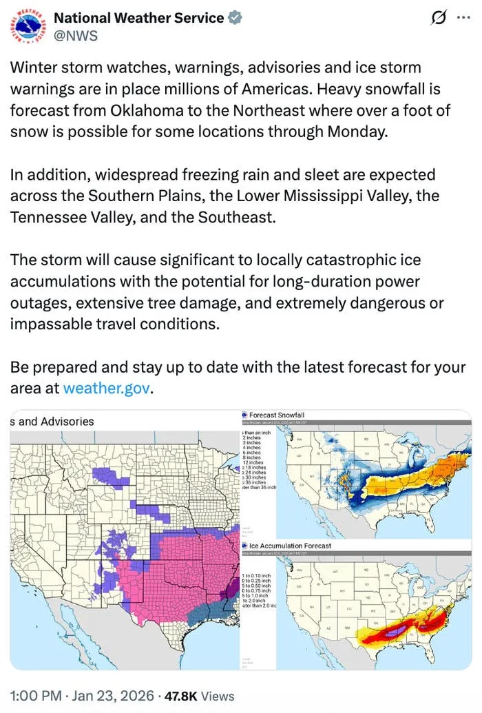 National Weather Service issues winter storm alerts for the South to the Northeast, warning of heavy snow and ice accumulations, with travel impacts expected