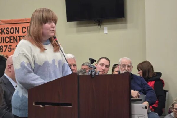 Resident Leandra Nash contends, "(Data centers) see us as a dumping ground," during a public hearing Tuesday, Jan. 20, 2026, in the Dickson City Borough Building. (FRANK WILKES LESNEFSKY / STAFF PHOTO)