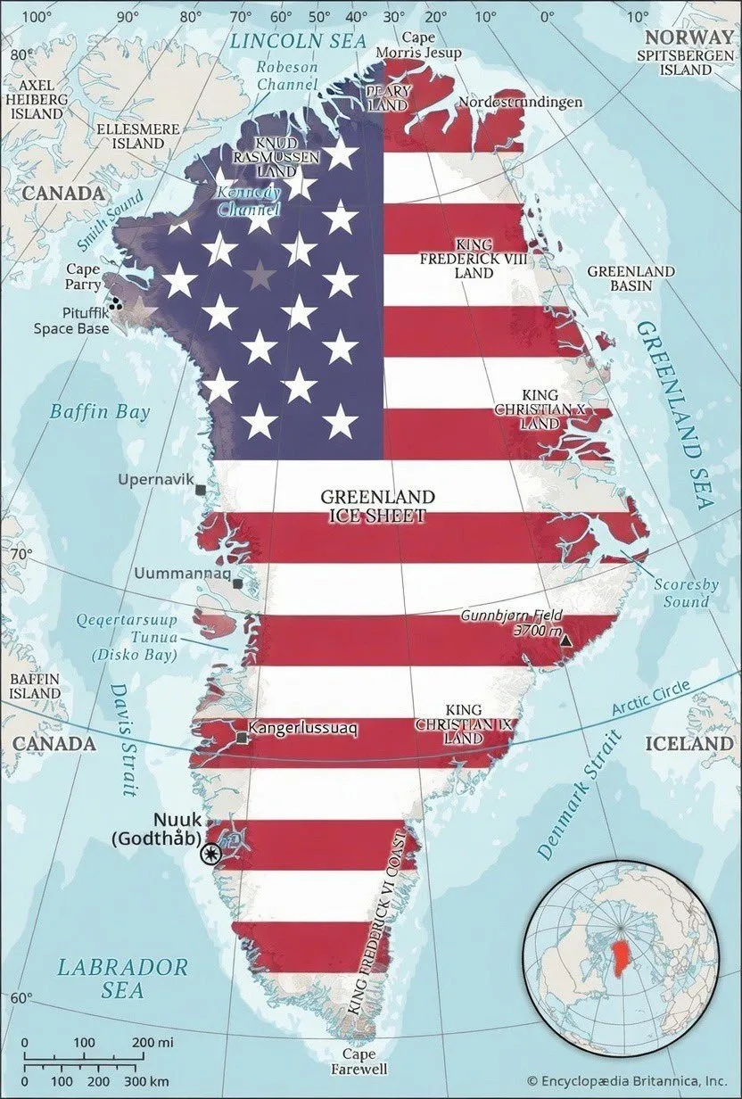 a map of Greenland covered in the US flag, posted by Katie Miller