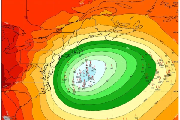 The proximity of the storm's low pressure center to Connecticut will be an important factor in how much snow the state sees on Sunday. (WeatherBELL)