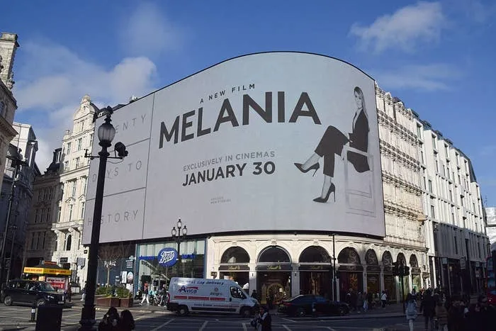 Billboard in city displays a movie poster for "Melania," releasing in theaters on January 30