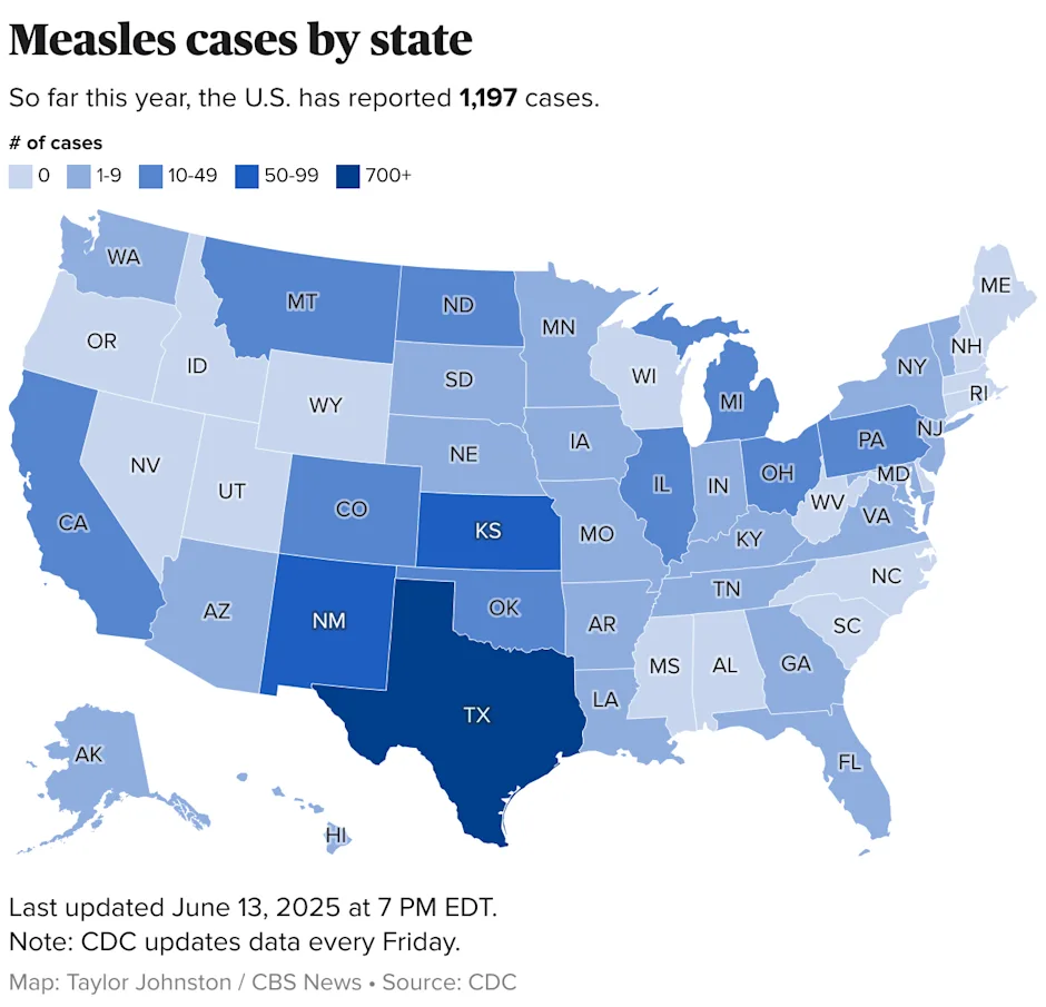 U.S. map showing number of reported cases of measles in 2025.