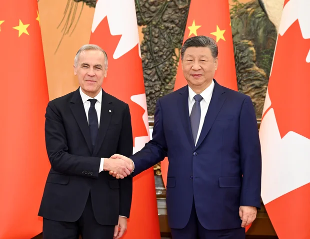 Chinese President Xi Jinping meets with Canadian Prime Minister Mark Carney at the Great Hall of the People in Beijing, Jan. 16, 2026.