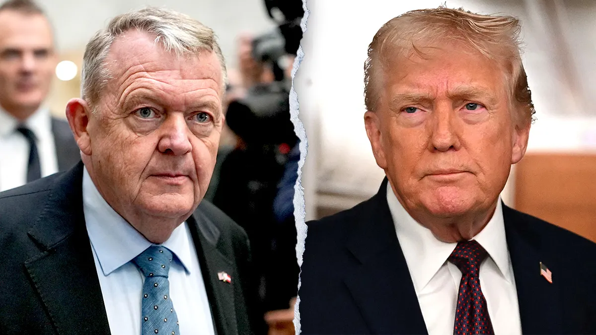 A split-screen image showing Denmark’s Foreign Minister Lars Løkke Rasmussen on one side and President Donald Trump on the other.