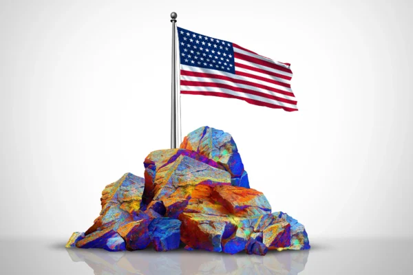 Pile of rare earth magnet minerals with U.S. flag flying on top.
