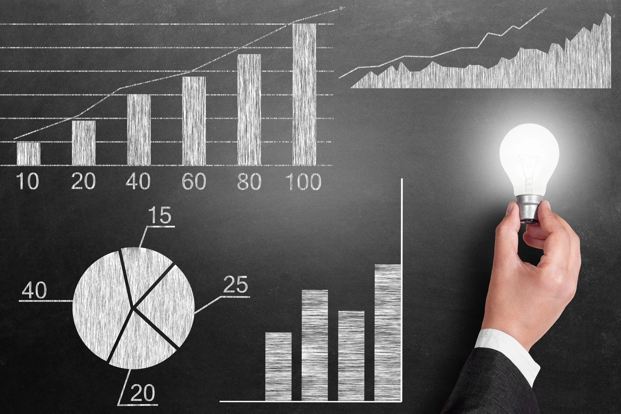 A hand holds a glowing lightbuld beside a blackboard, on which are drawn various charts.