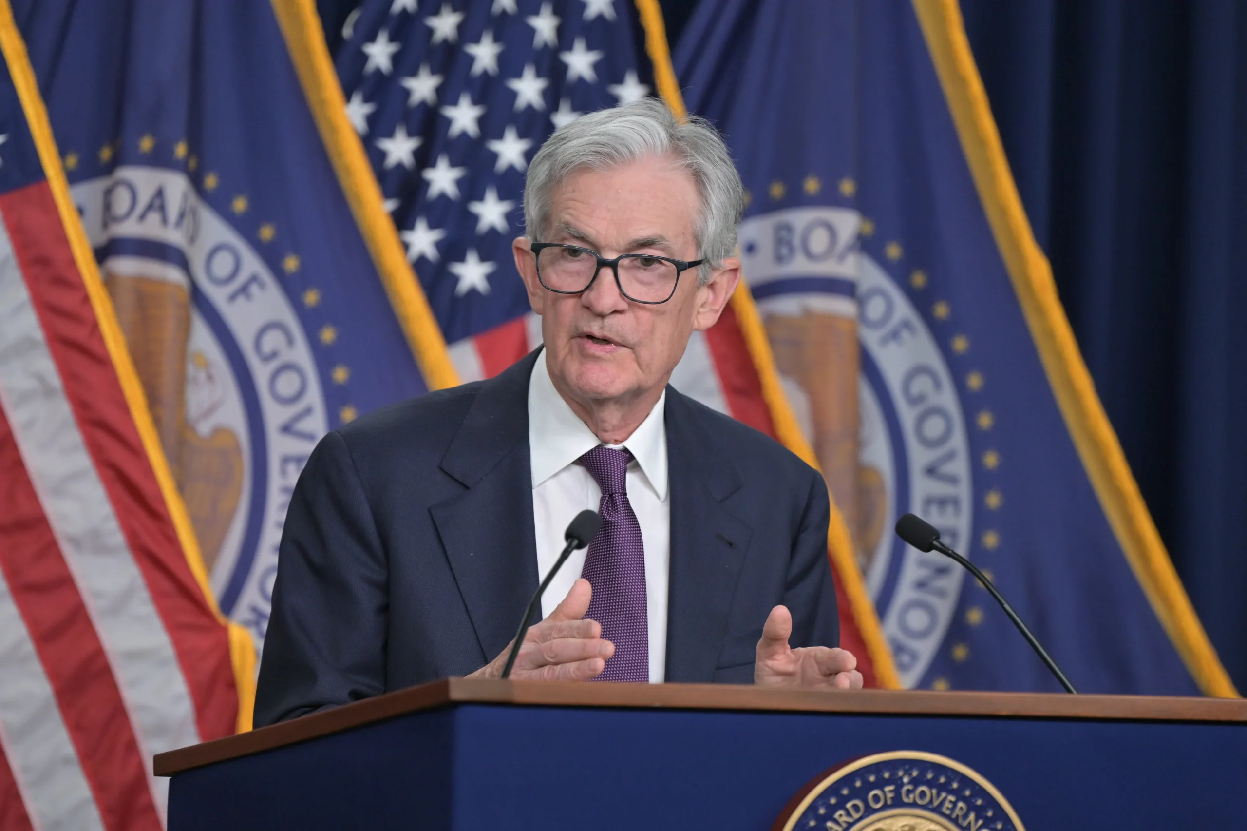 Chair Jerome Powell answers reporters' questions at an FOMC press conference.
