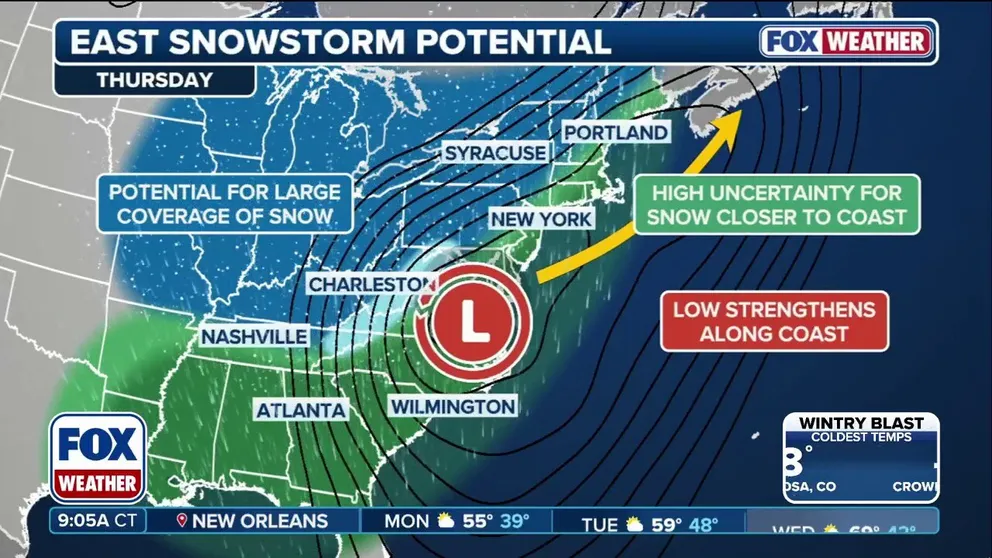 A complex storm system is brewing, potentially bringing snow across the East late this week. Snowfall totals may range from little to no accumulation to plowable snow, with uncertainty around the storm’s track, strength and low position.