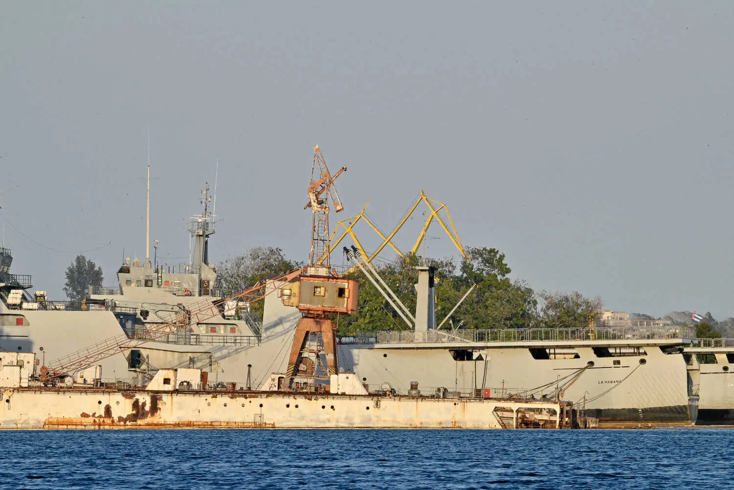 Ships docked in a port, with trees behind them.