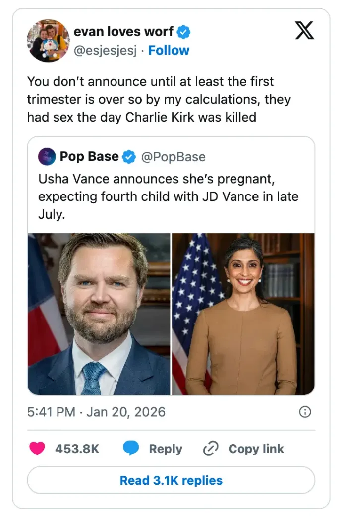 Screenshot of a tweet by user, commenting on a Pop Base tweet about Usha Vance's pregnancy announcement