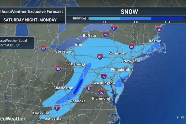 An AccuWeather map shows one weekend outcome, which would be a few inches of snow.
