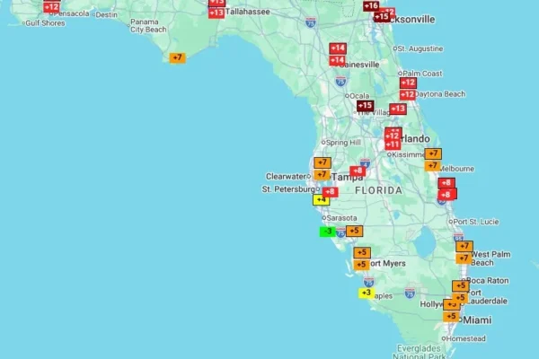 A Southeast Regional Climate Center forecast map for Friday, Feb. 20 showing the departure from normal of the daily high temperatures.